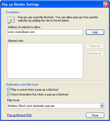 Pop-up blocker settings menu